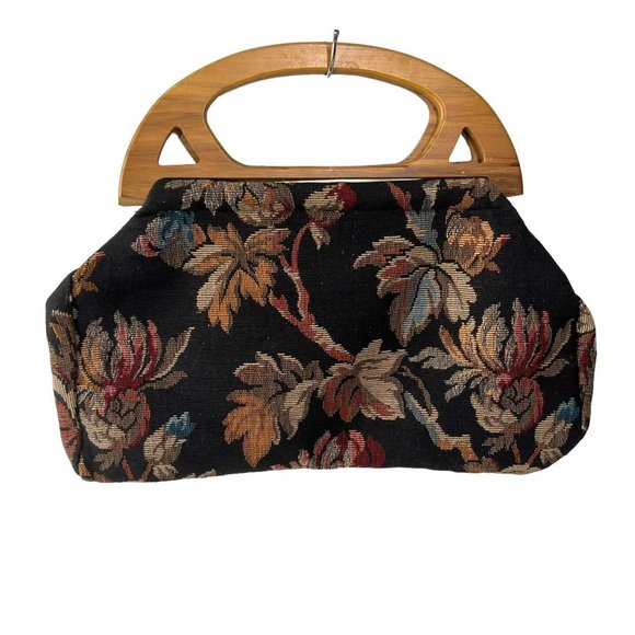 Vintage 80s Black Flora Wood Handle Woven Bag